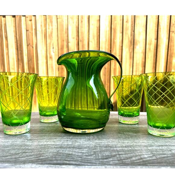 Neiman Marcus Cut-Glass Design Pitcher and Glasses Set-Made in Poland-Rare FInd - Picture 1 of 12